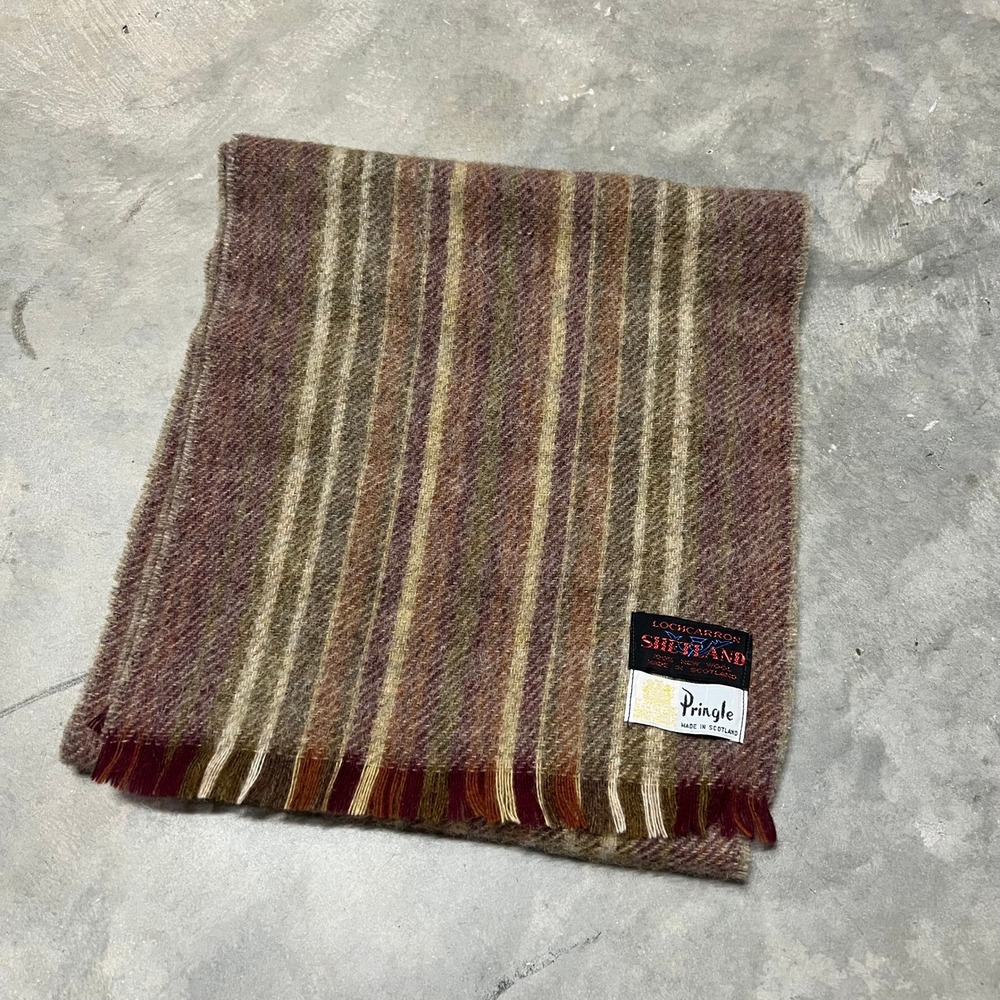 Vintage Pringle of Scotland Lochcarron Shetland Wool Scarf Striped Brown
